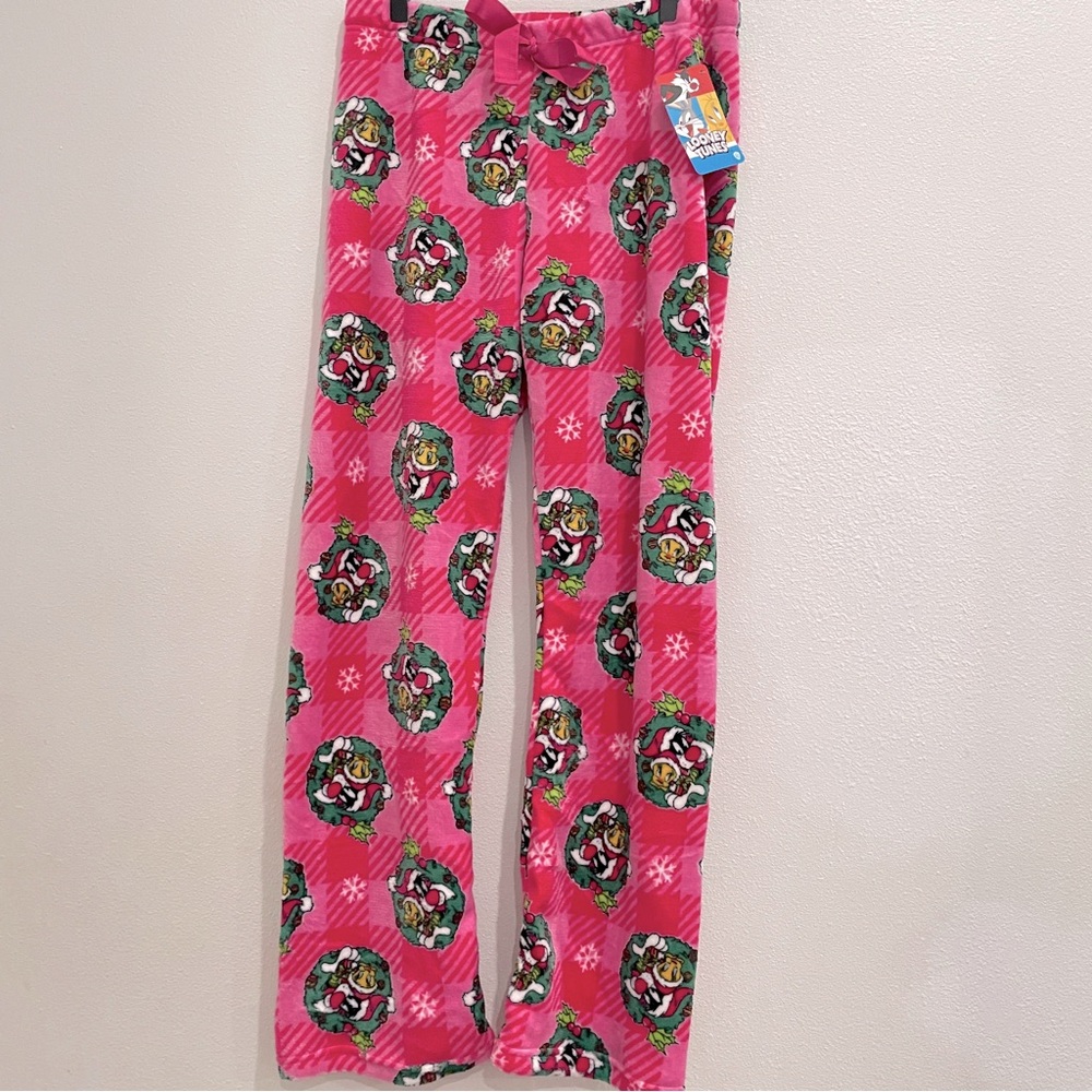 NEW Looney‎ Tunes Sylvester Tweety Christmas Fleece Pajama Pants Pink Womens